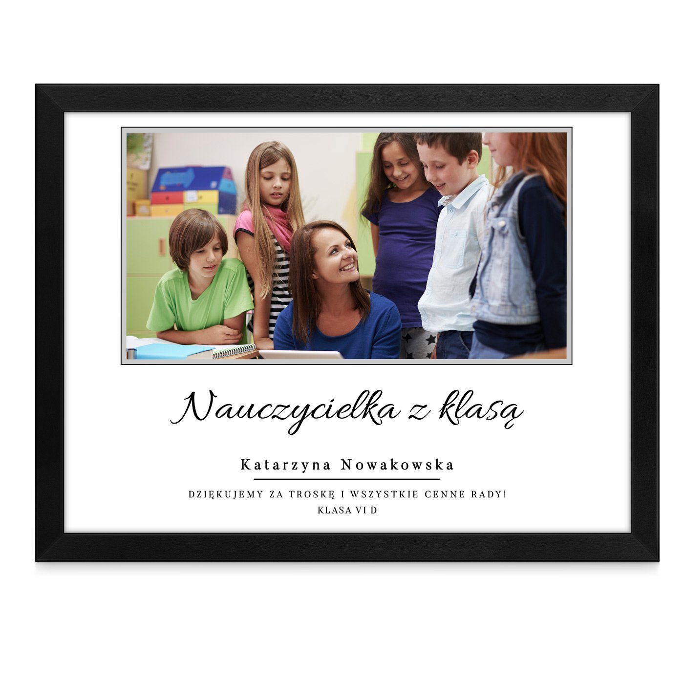 Plakat personalizowany ze zdjęciem w ramce z nadrukiem dla nauczycielki wychowawczyni na Dzień Nauczyciela