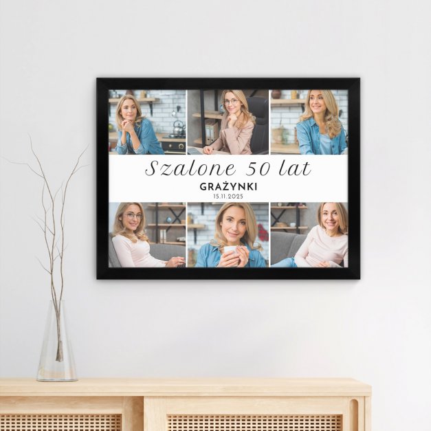 Plakat personalizowany kolaż zdjęć w ramce z nadrukiem dla niej na 50 urodziny