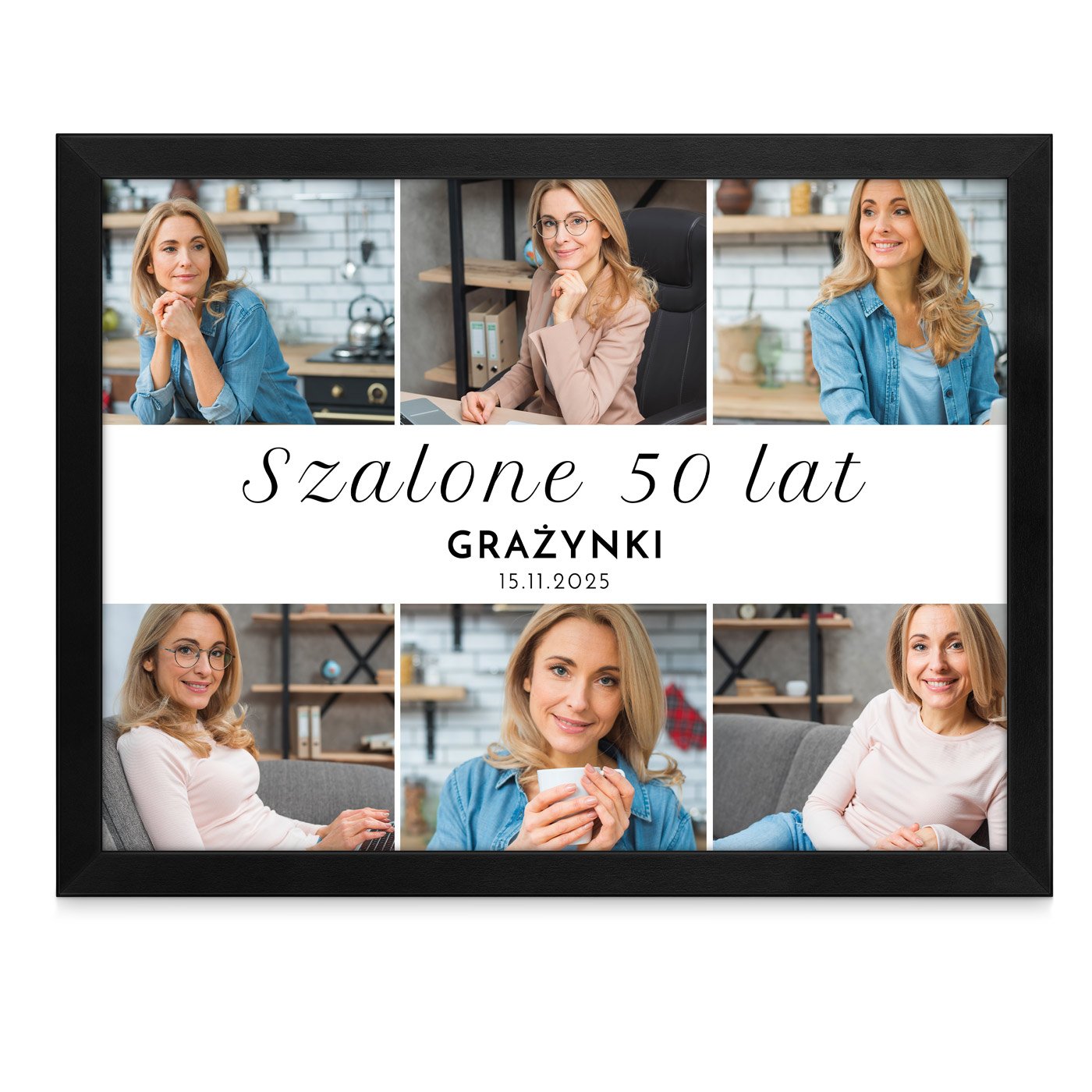Plakat personalizowany kolaż zdjęć w ramce z nadrukiem dla niej na 50 urodziny