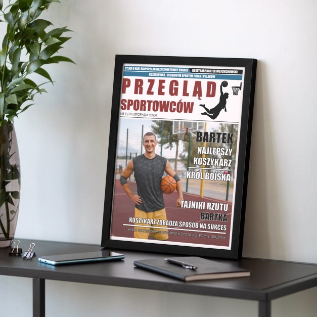 Plakat personalizowany ze zdjęciem Przegląd Sportowców w ramce z nadrukiem dla koszykarza sportowca