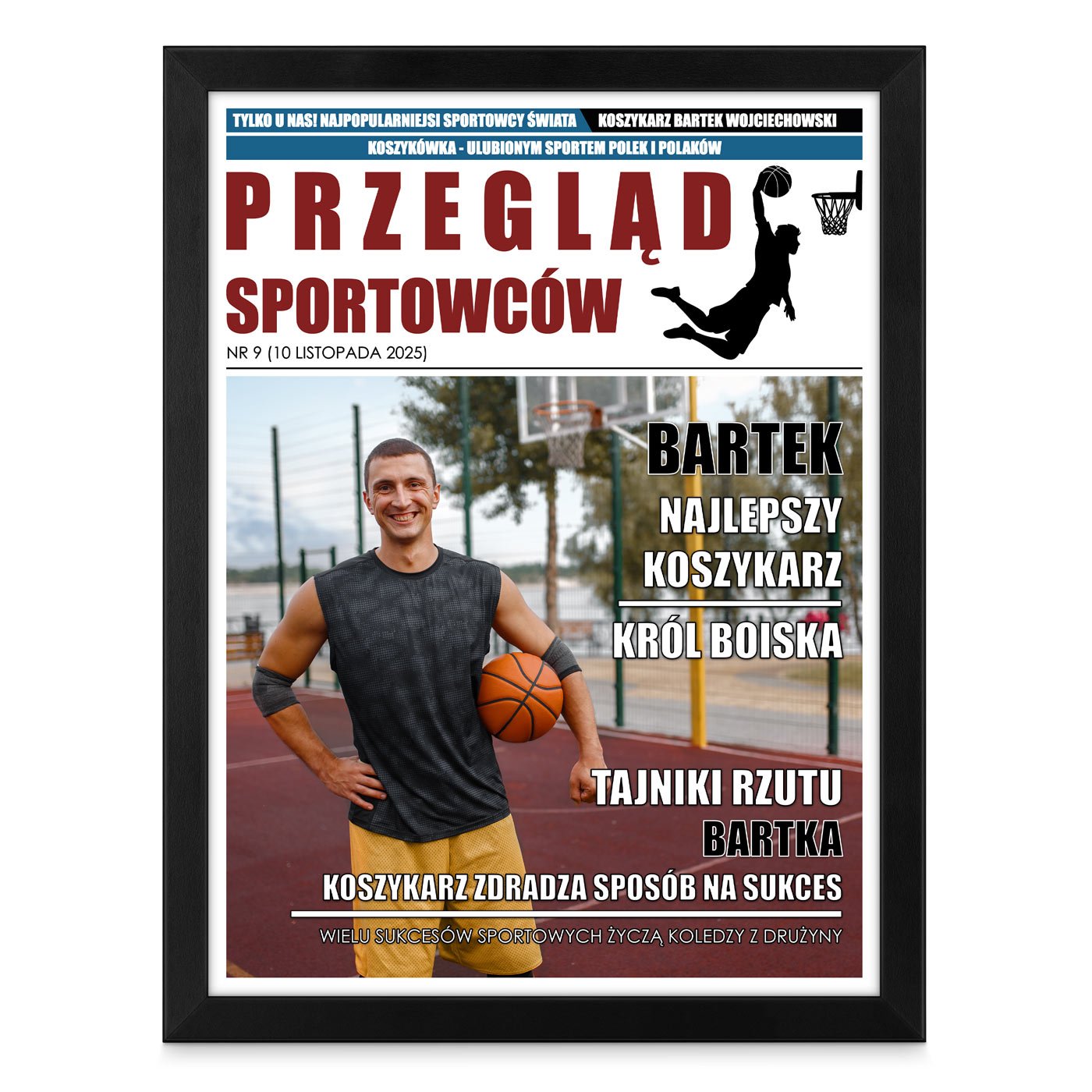 Plakat personalizowany ze zdjęciem Przegląd Sportowców w ramce z nadrukiem dla koszykarza sportowca