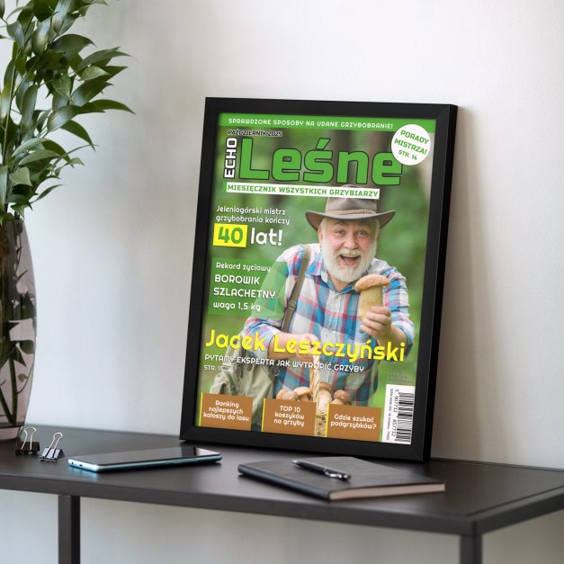 Plakat personalizowany ze zdjęciem Echo Leśne w ramce z nadrukiem dla grzybiarza na 40 urodziny