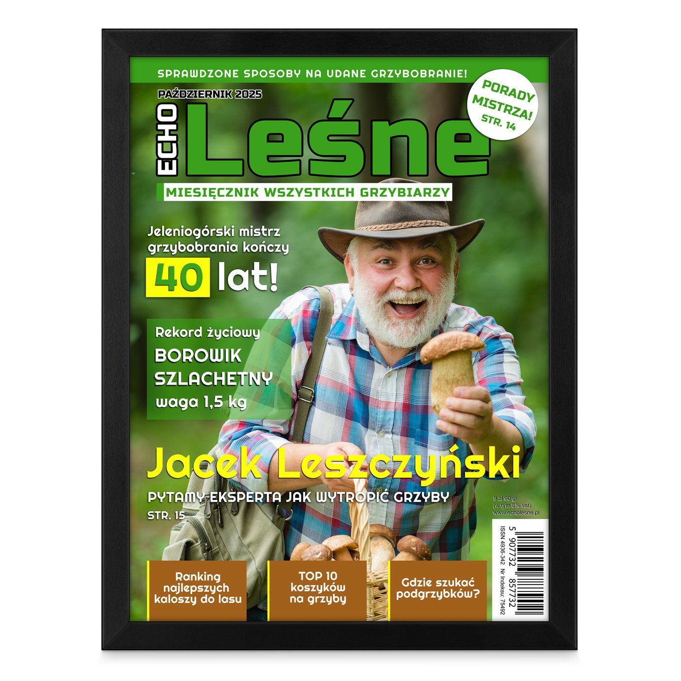 Plakat personalizowany ze zdjęciem Echo Leśne w ramce z nadrukiem dla grzybiarza na 40 urodziny