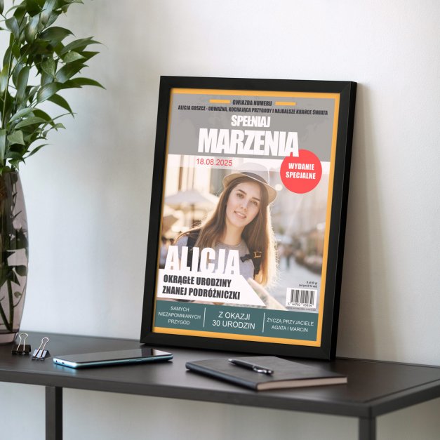 Plakat personalizowany ze zdjęciem Spełniaj Marzenia w ramce z nadrukiem dla podróżniczki przyjaciółki na 30 urodziny