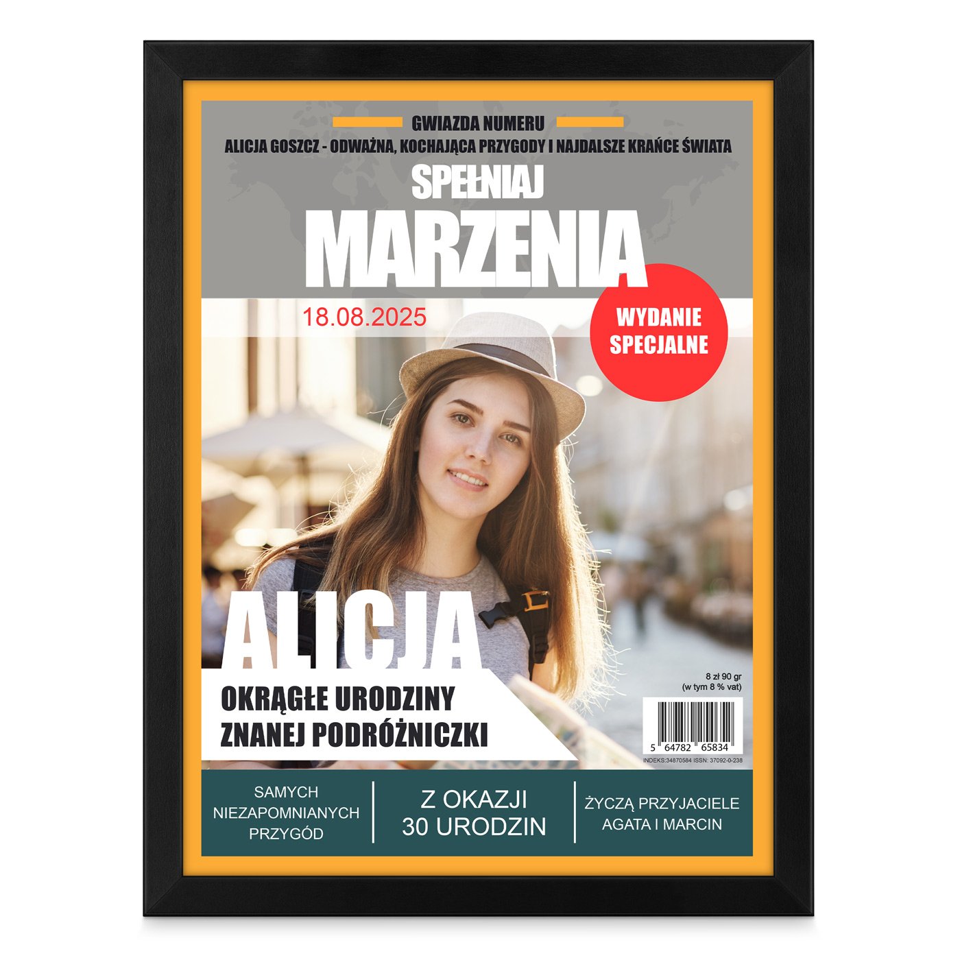 Plakat personalizowany ze zdjęciem Spełniaj Marzenia w ramce z nadrukiem dla podróżniczki przyjaciółki na 30 urodziny