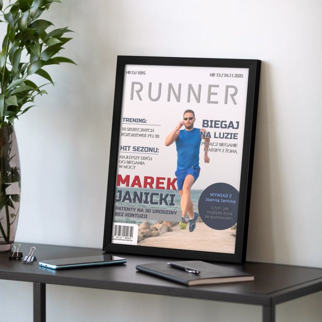 Plakat personalizowany ze zdjęciem Runner w ramce z nadrukiem dla biegacza męża na 30 urodziny