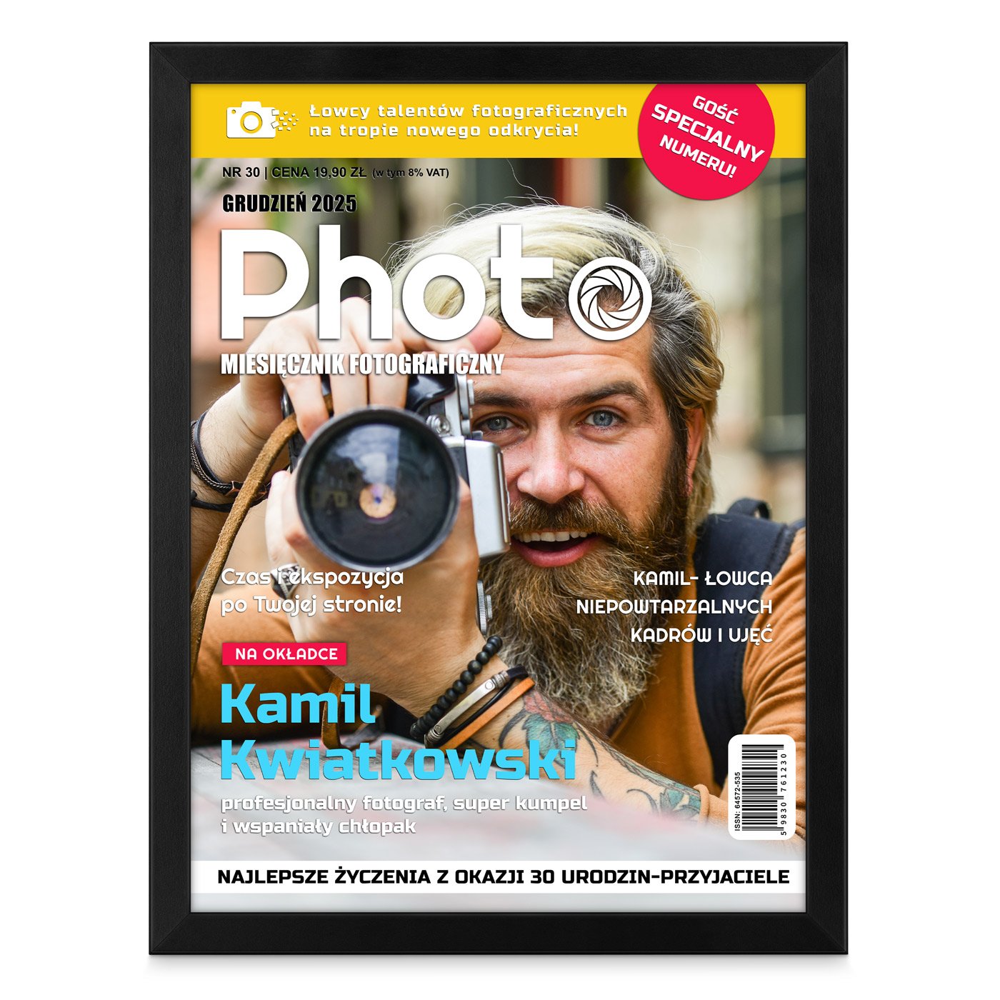 Plakat personalizowany ze zdjęciem Photo w ramce z nadrukiem dla fotografa chłopaka na 30 urodziny