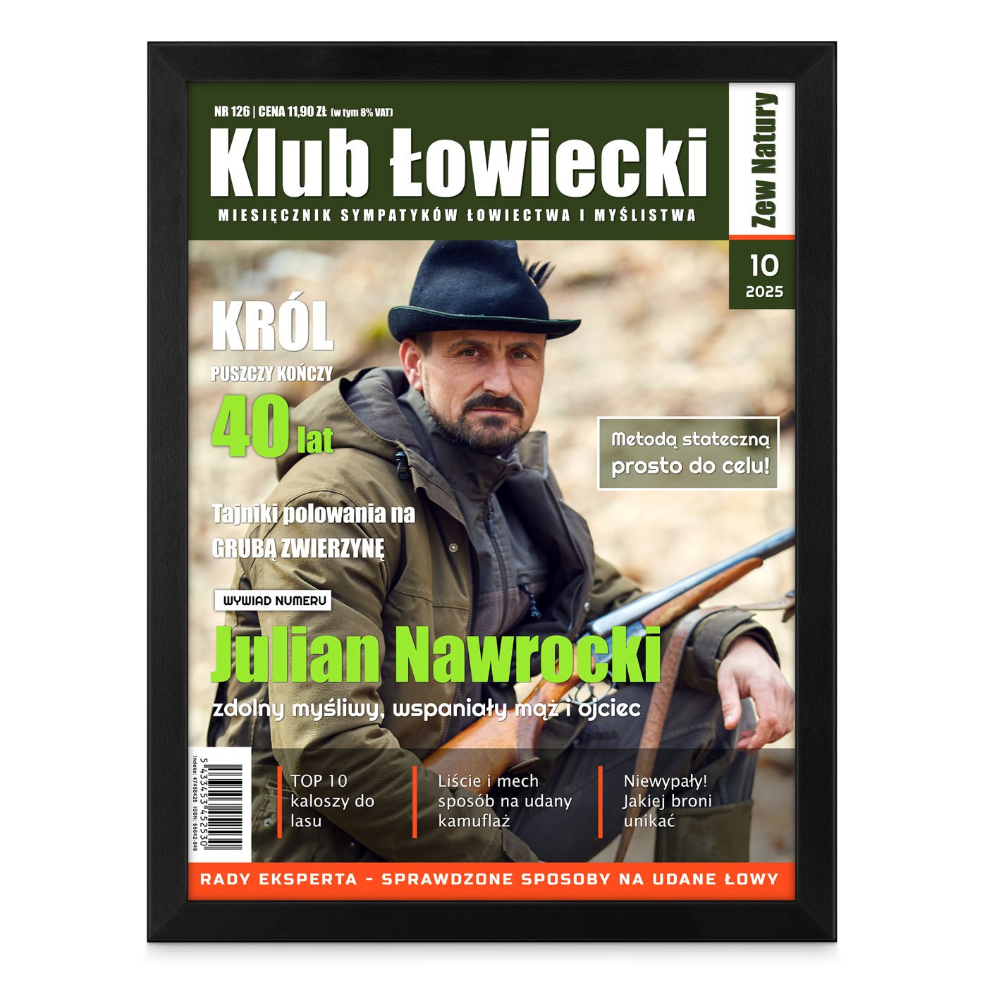 Plakat personalizowany ze zdjęciem Klub Łowiecki w ramce z nadrukiem dla myśliwego na 40 urodziny