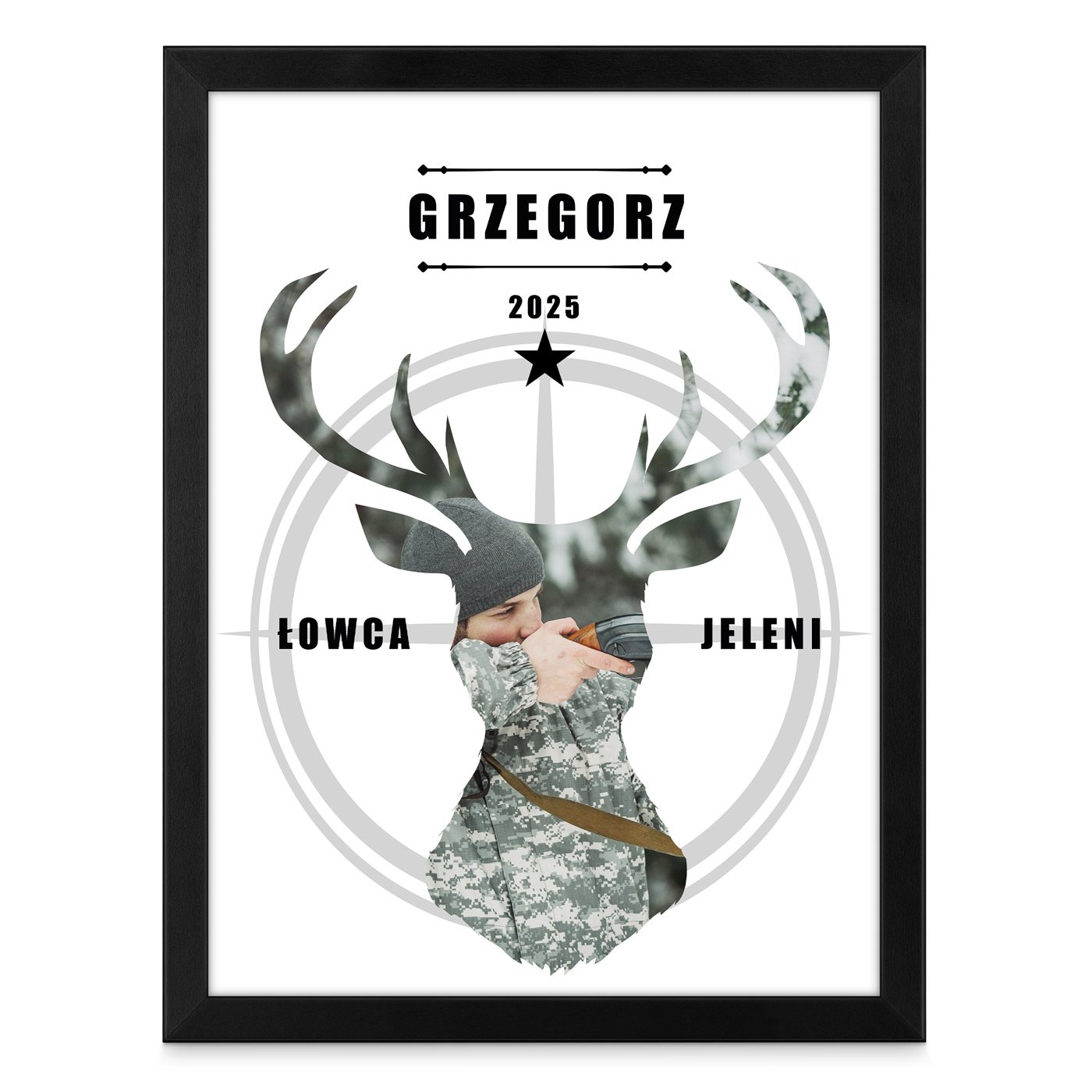 Plakat personalizowany ze zdjęciem w ramce z nadrukiem dla myśliwego na urodziny