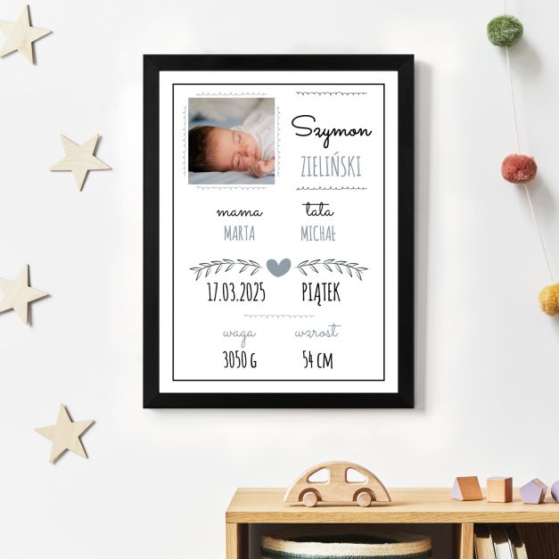Plakat personalizowany ze zdjęciem w ramce z nadrukiem dla chłopca z okazji narodzin chrzcin