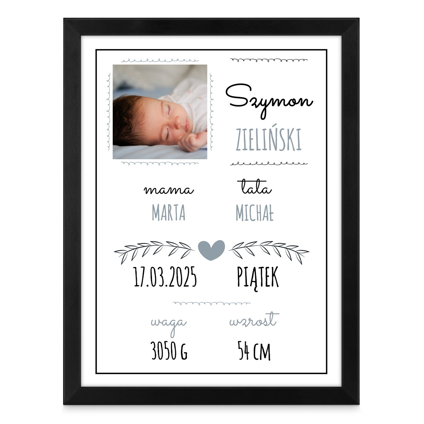 Plakat personalizowany ze zdjęciem w ramce z nadrukiem dla chłopca z okazji narodzin chrzcin