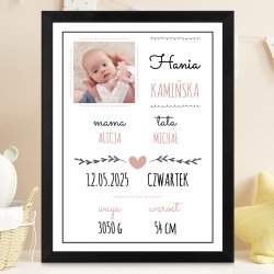 Plakat personalizowany ze zdjęciem w ramce z nadrukiem dla dziewczynki z okazji narodzin chrzcin