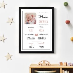 Plakat personalizowany ze zdjęciem w ramce z nadrukiem dla dziewczynki z okazji narodzin chrzcin
