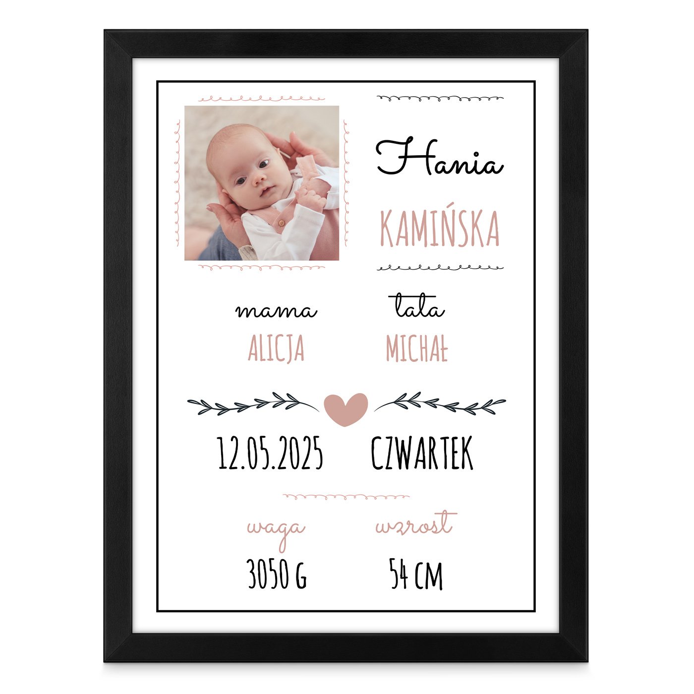 Plakat personalizowany ze zdjęciem w ramce z nadrukiem dla dziewczynki z okazji narodzin chrzcin