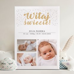Obraz drukowany na płótnie z kolażem zdjęć 50x70 dla dziewczynki na narodziny chrzest
