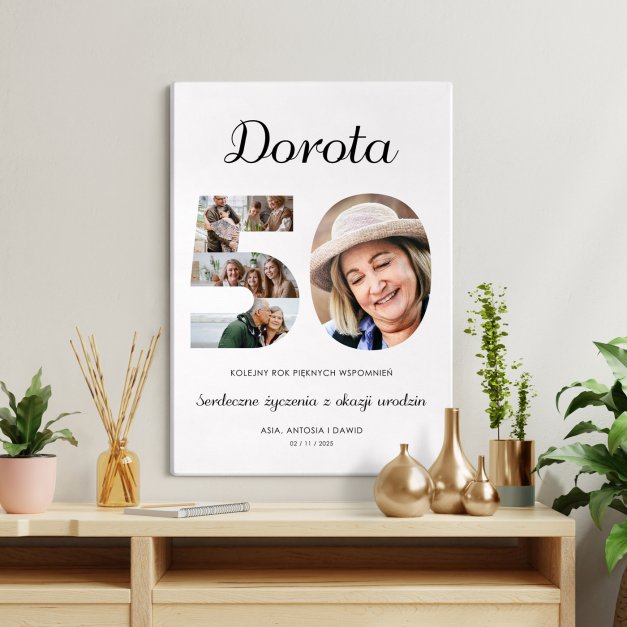 Obraz drukowany na płótnie z kolażem zdjęć 50x70 dla niej na 50 urodziny