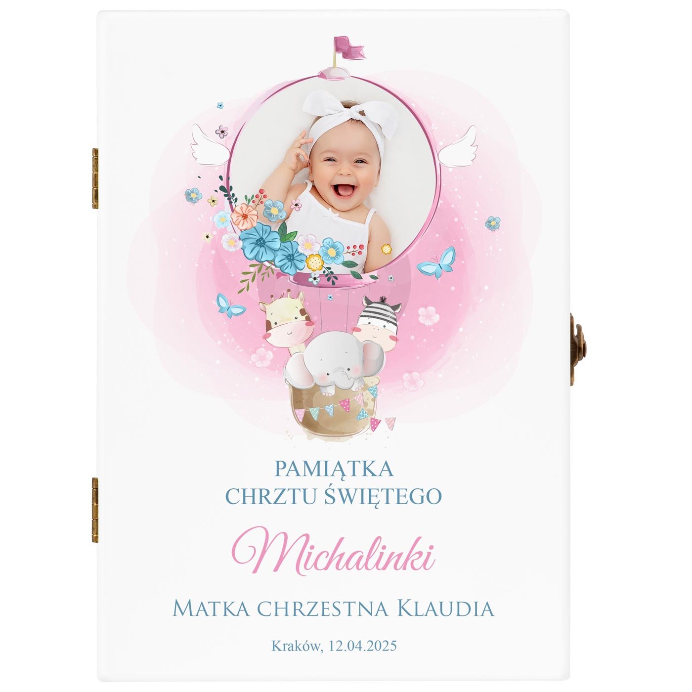 Sztućce dla dzieci zestaw w drewnianym etui z Twoim zdjęciem i nadrukiem dla dziewczynki na chrzest