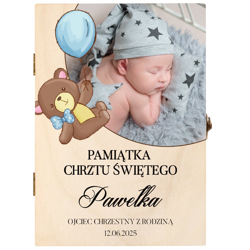 Sztućce dla dzieci zestaw w drewnianym etui z Twoim zdjęciem i nadrukiem dla chłopca na chrzest