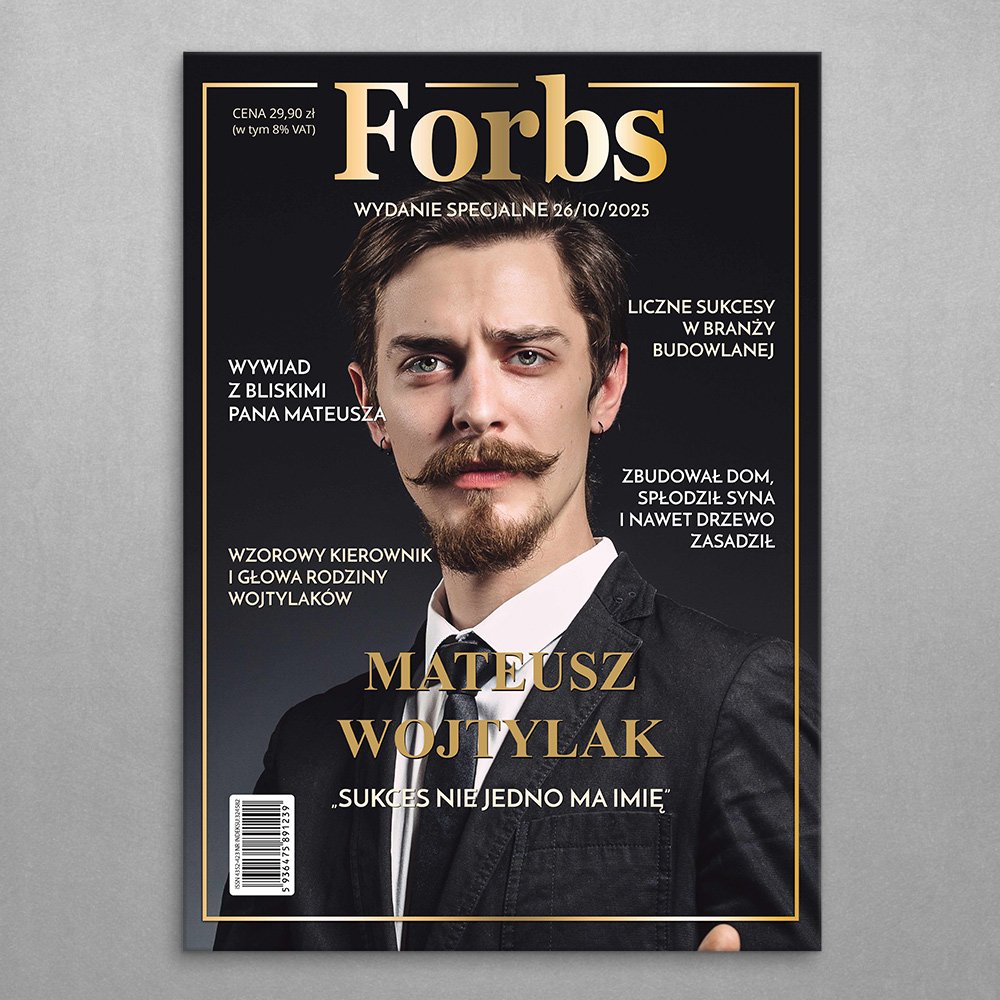 Plakat metalowy personalizowany L ze zdjęciem Forbs dla niego szefa taty na awans w pracy