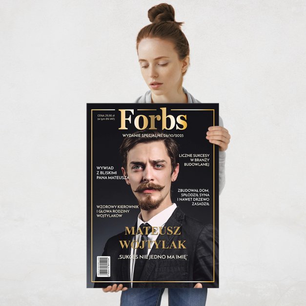 Plakat metalowy personalizowany L ze zdjęciem Forbs dla niego szefa taty na awans w pracy