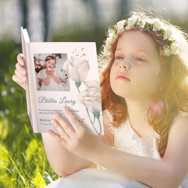 Biblia w etui z nadrukiem i Twoim zdjęciem dla dziewczynki na komunię