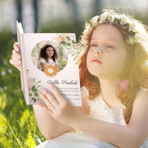 Biblia rozmiar M z nadrukiem i Twoim zdjęciem dla dziewczynki na komunię