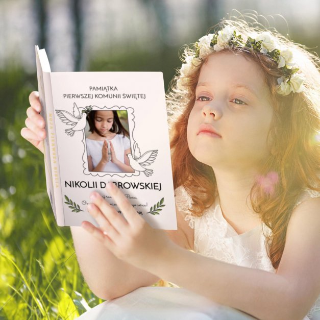 Biblia rozmiar M z nadrukiem i Twoim zdjęciem dla dziewczynki na komunię