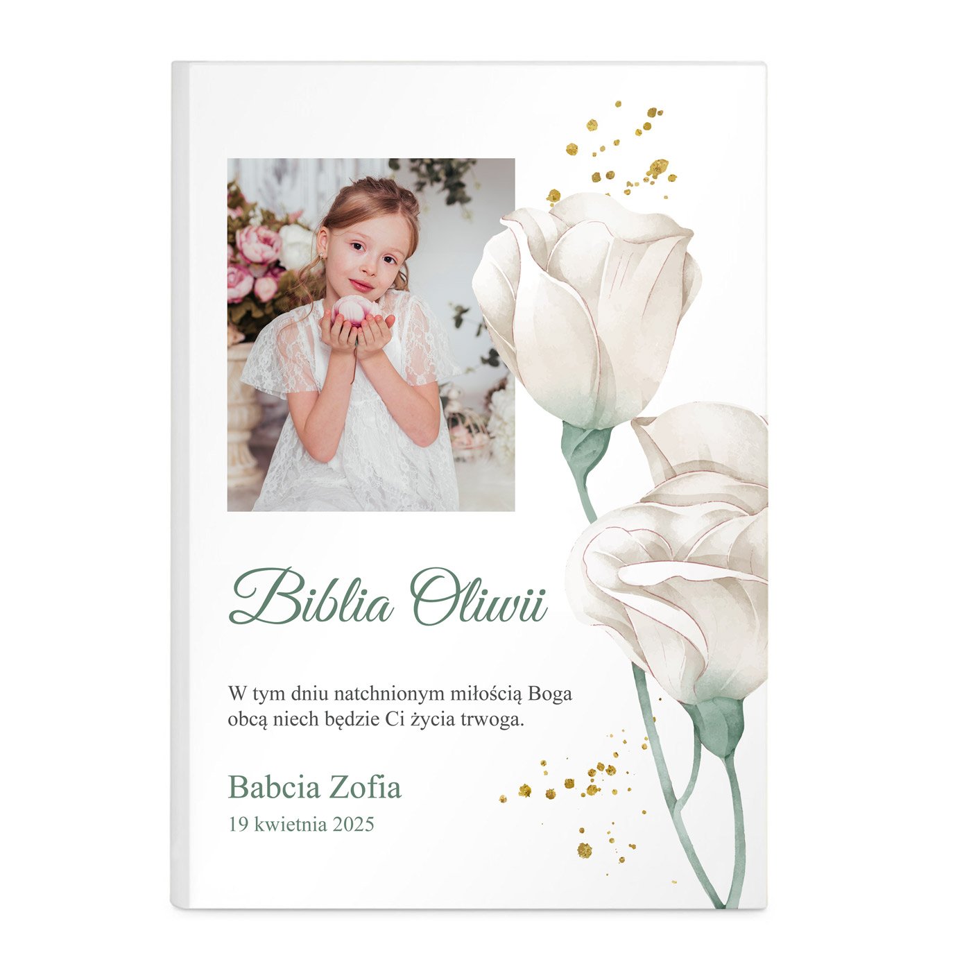 Biblia w etui z nadrukiem i Twoim zdjęciem dla dziewczynki na komunię