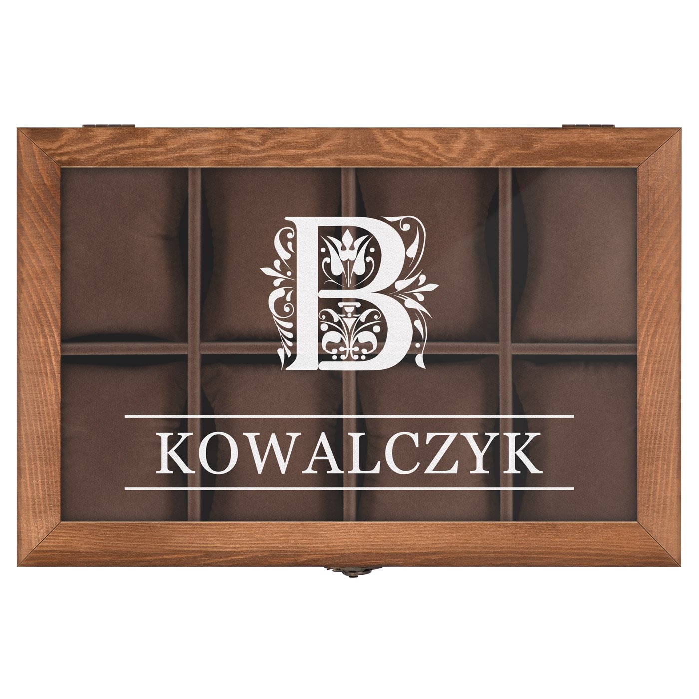 Drewniana szkatułka na biżuterię i zegarki z grawerowanym inicjałem