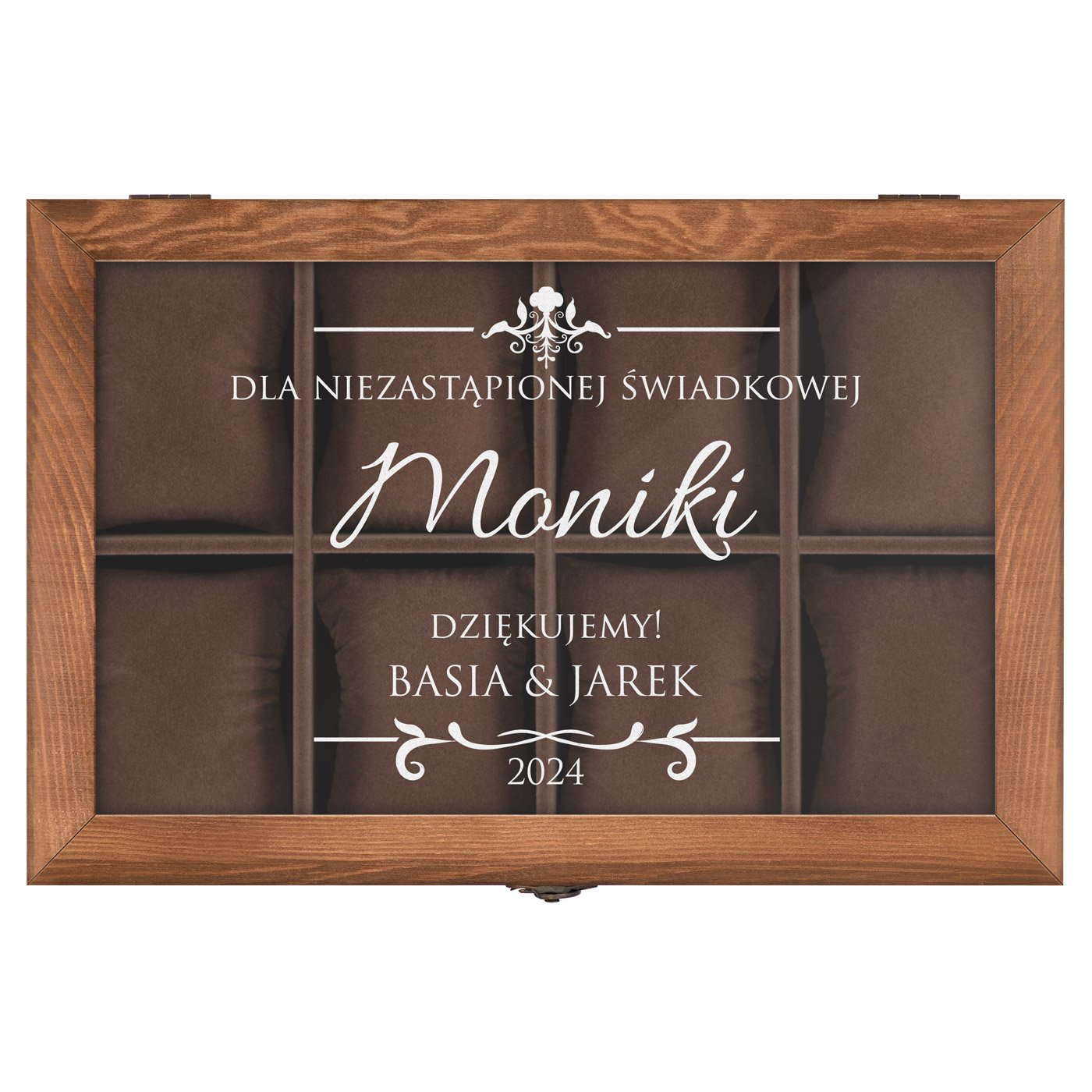 Drewniana szkatułka na biżuterię i zegarki z grawerem dla świadkowej jako podziękowanie ślubne