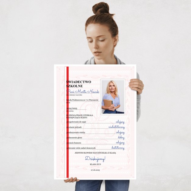 Plakat metalowy personalizowany L ze zdjęciem dla nauczycielki wychowawczyni