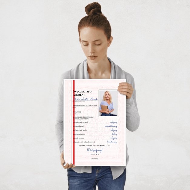 Plakat metalowy personalizowany M ze zdjęciem dla nauczycielki wychowawczyni