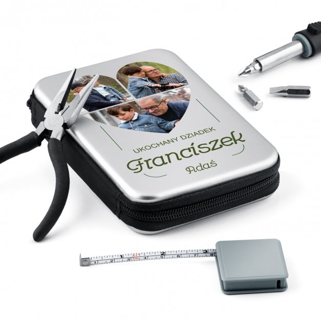 Narzędzia w etui zestaw z kolażem zdjęć dla dziadka na Dzień Dziadka imieniny