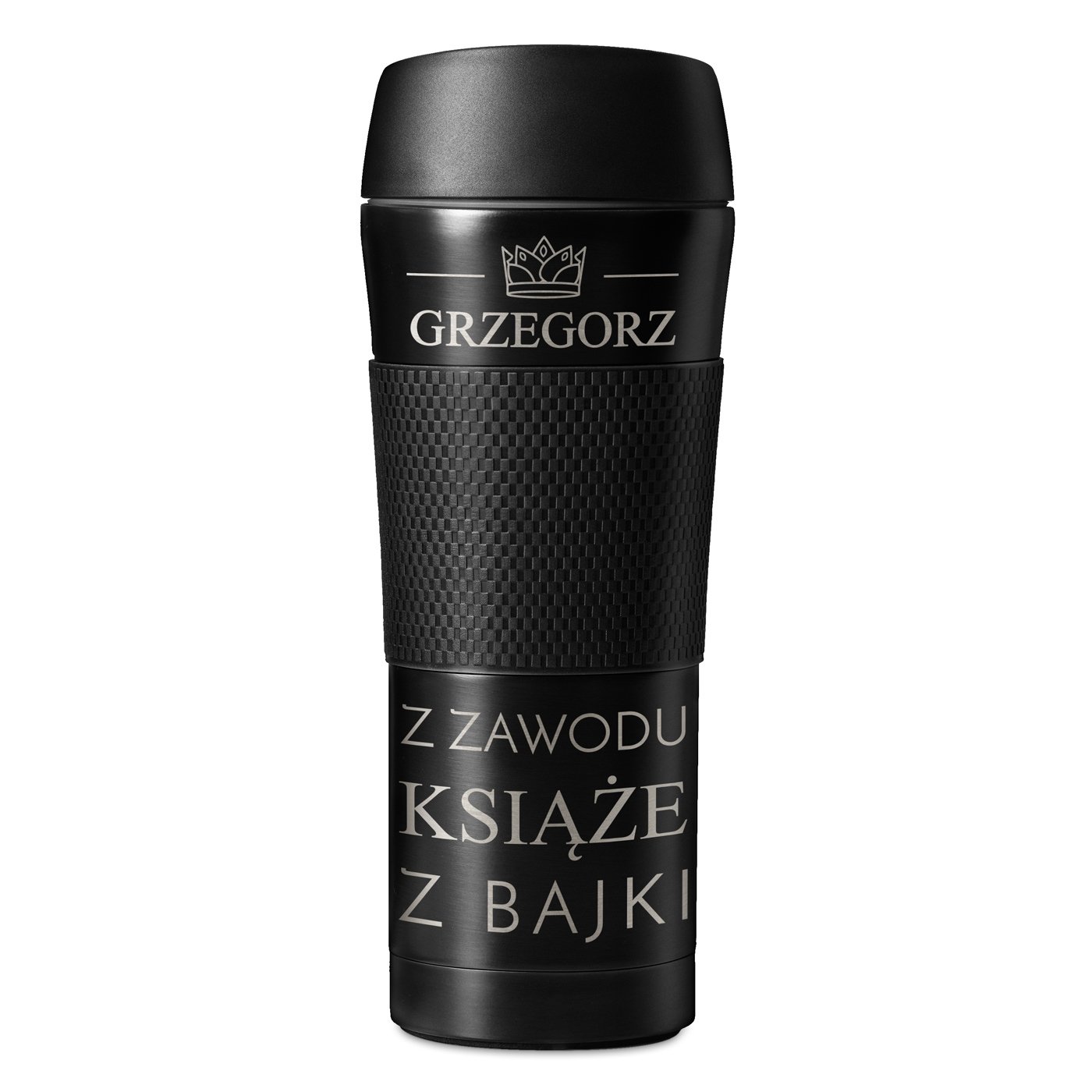 Czarny kubek termiczny z powłoką antypoślizgową i grawerem dla niego na imieniny