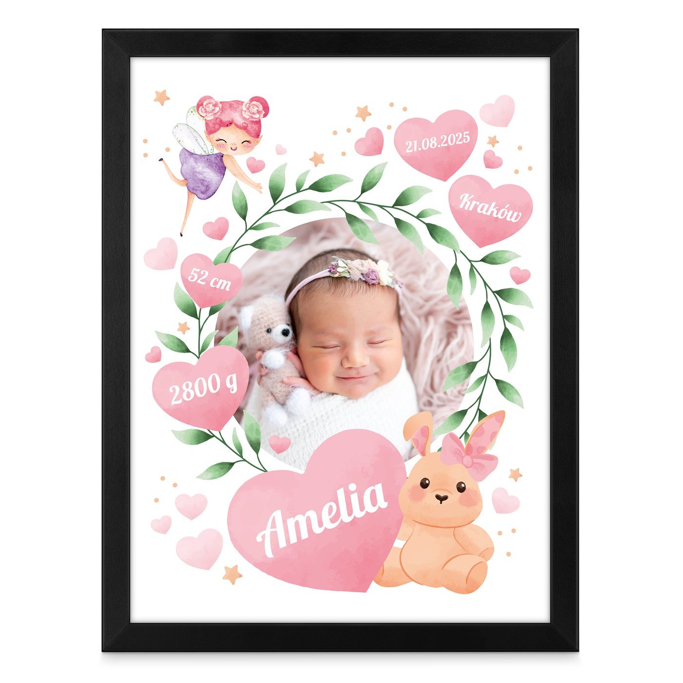 Plakat personalizowany ze zdjęciem w ramce z nadrukiem dla dziewczynki z okazji narodzin chrzcin