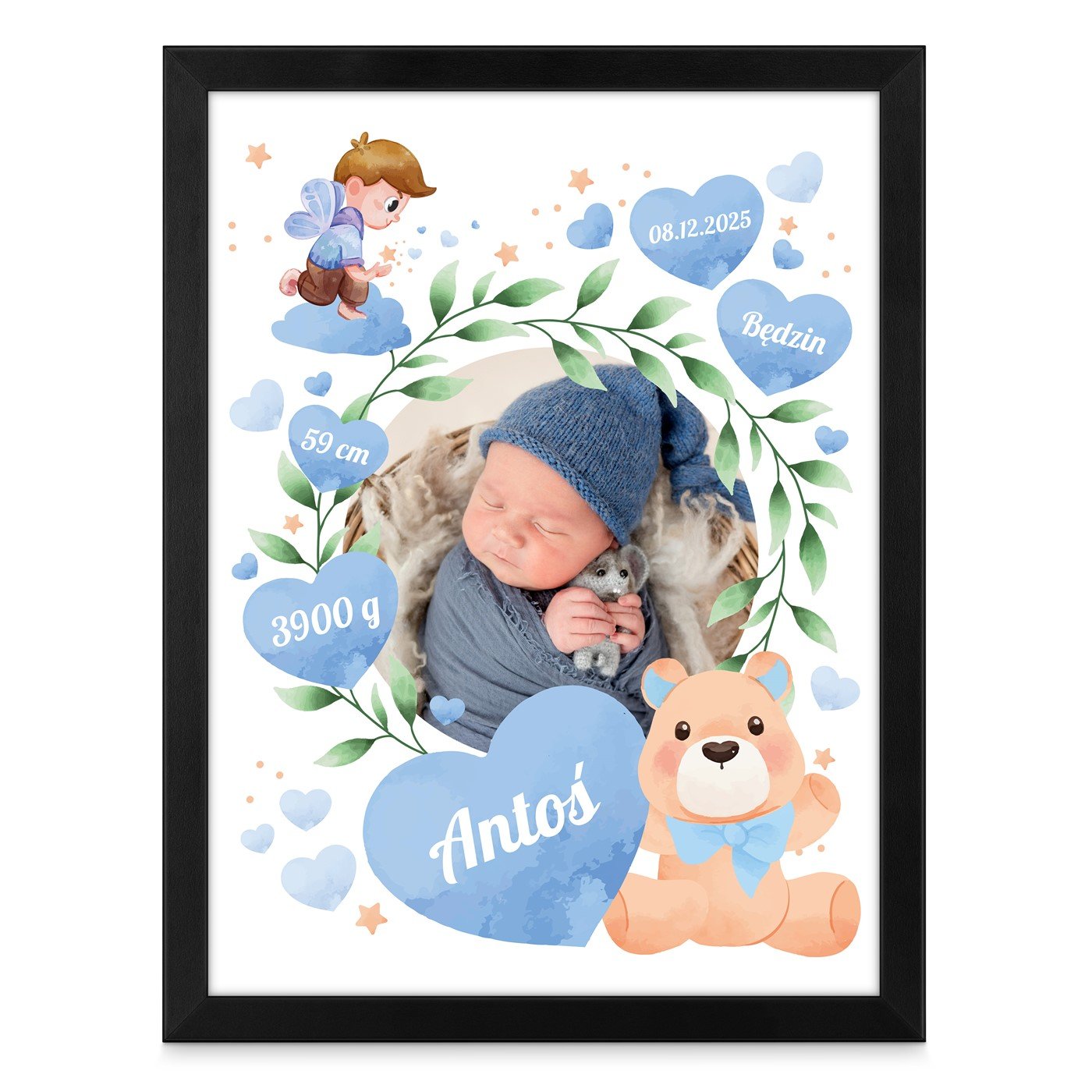 Plakat personalizowany ze zdjęciem w ramce z nadrukiem dla chłopcaz okazji narodzin chrzcin