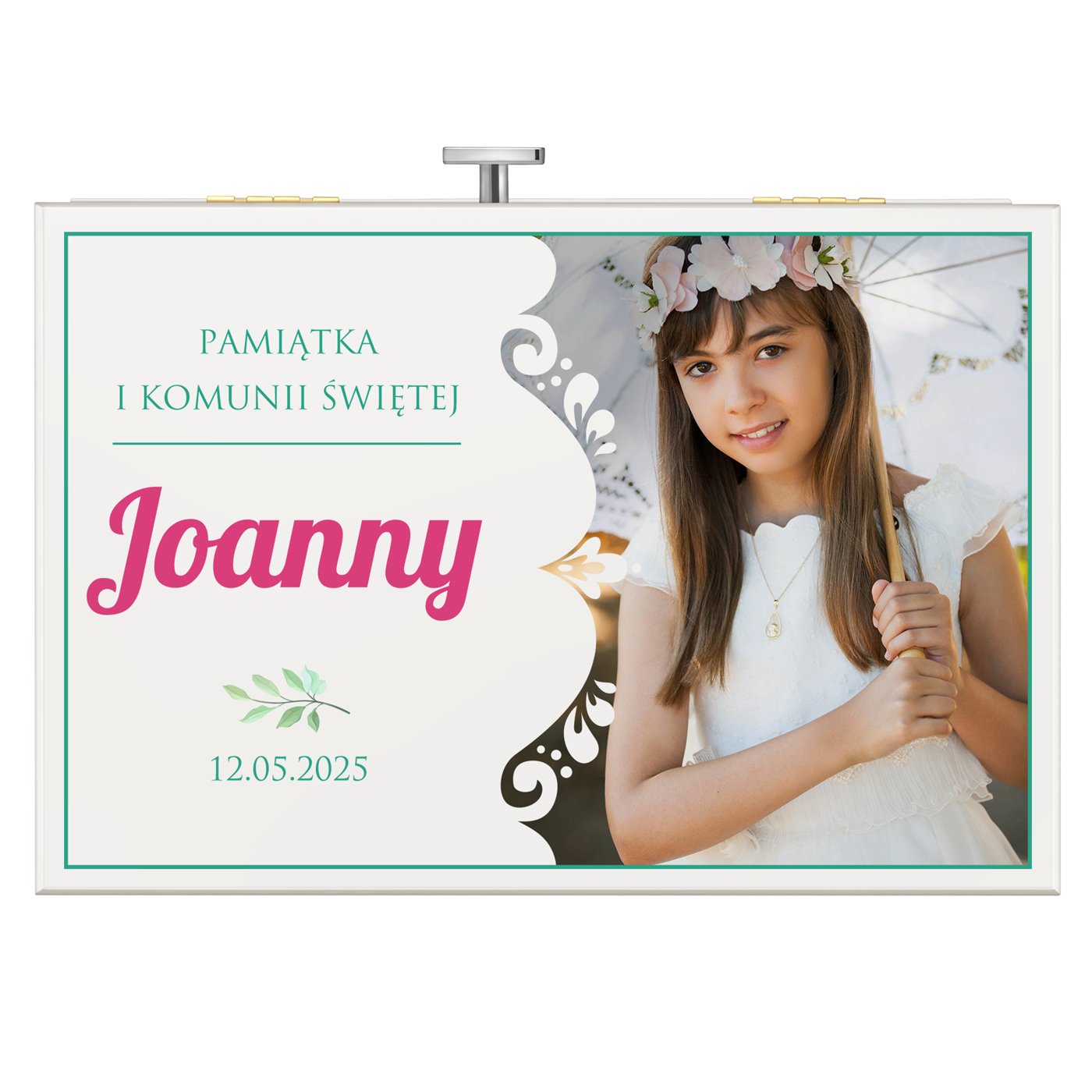 Szkatułka na biżuterię z pozytywką i szufladką ze zdjęciem dla dziewczynki na komunię