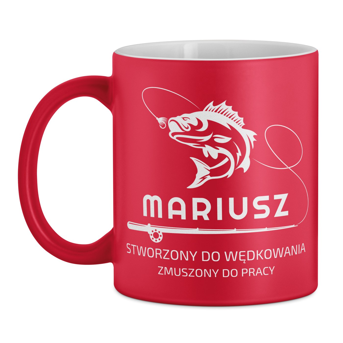 Kubek ceramiczny czerwony z białym środkiem z grawerem dla wędkarza na imieniny