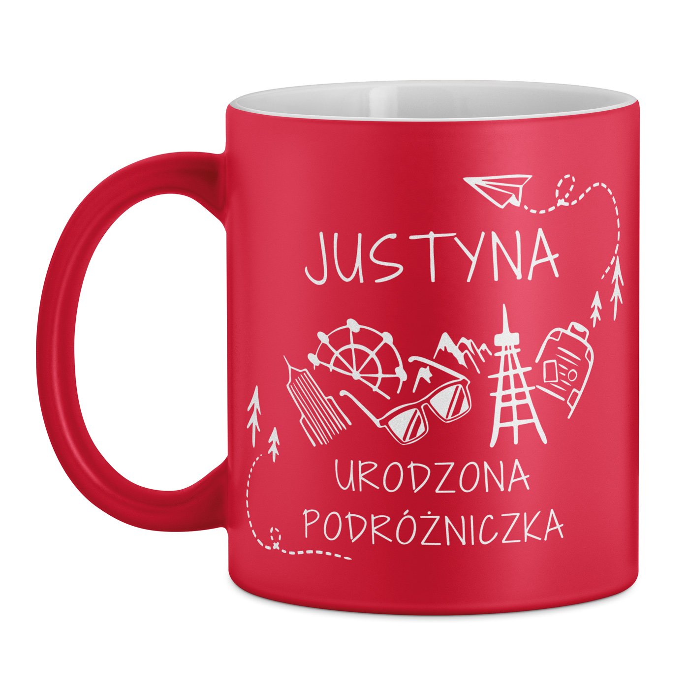 Kubek ceramiczny czerwony z białym środkiem z grawerem dla podróżniczki na imieniny