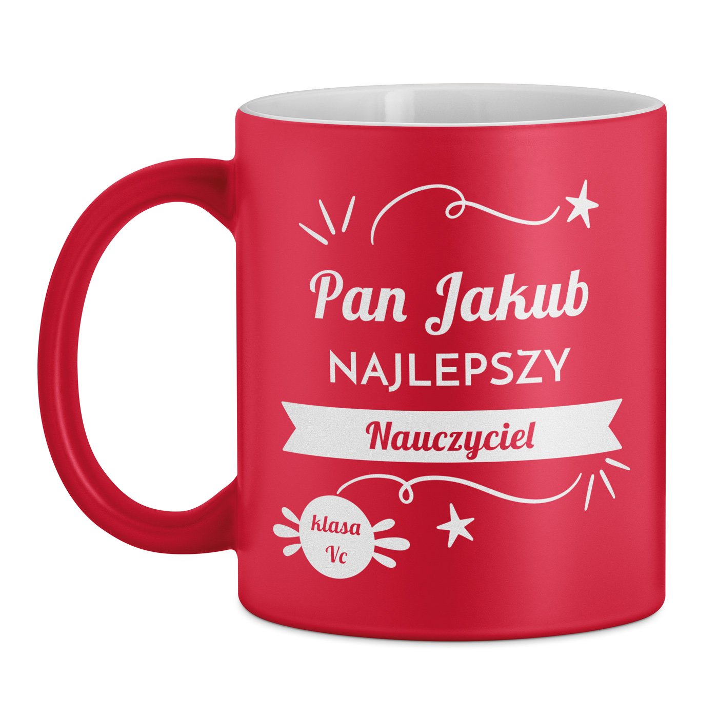 Kubek ceramiczny czerwony z białym środkiem z grawerem dla nauczyciela wychowawcy na Dzień Nauczyciela