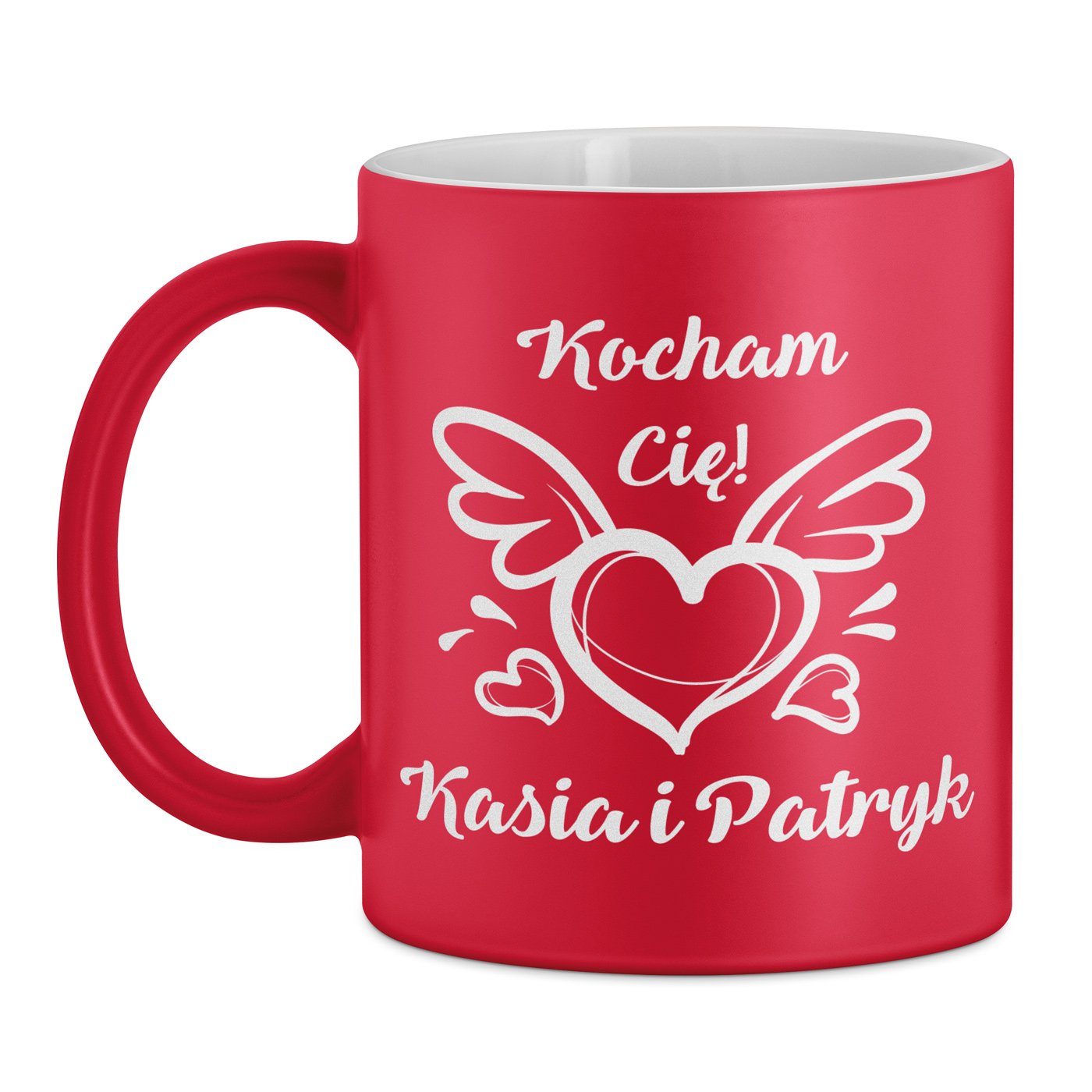 Kubek ceramiczny czerwony z białym środkiem z grawerem dla pary dziewczyny chłopaka męża żony na walentynki ślub rocznicę