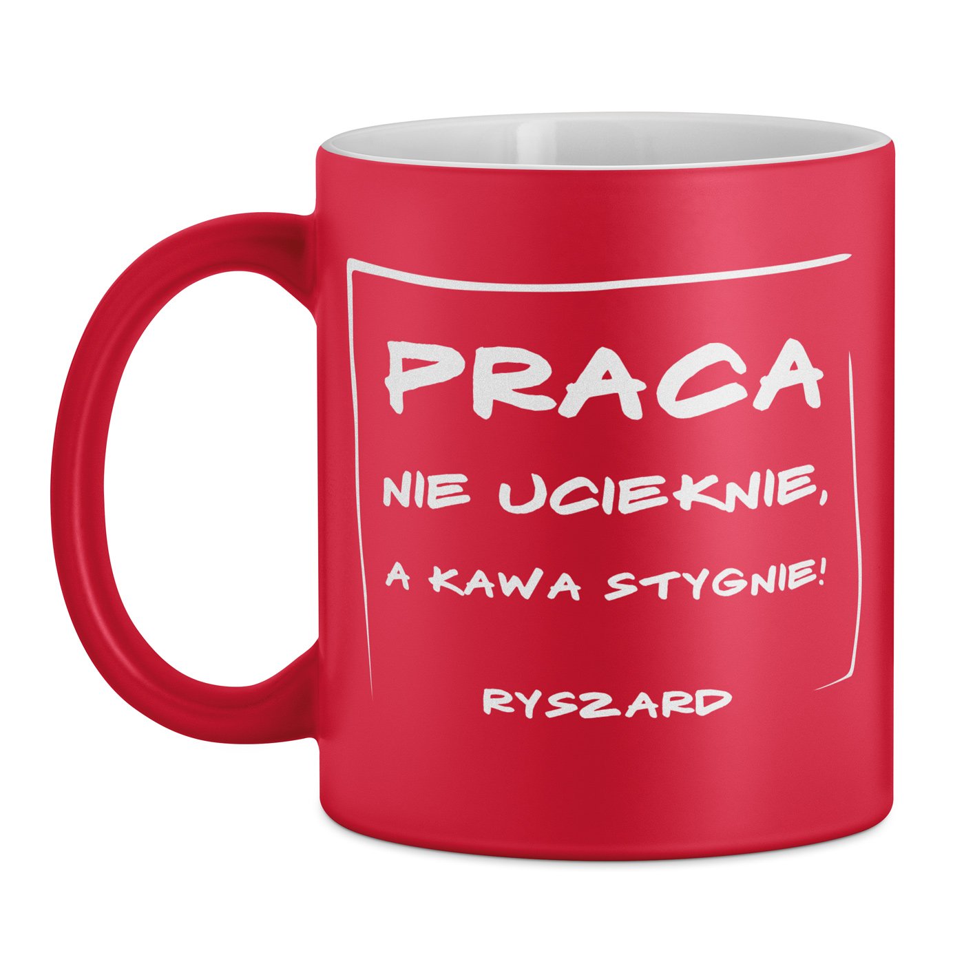 Kubek ceramiczny czerwony z białym środkiem z grawerem dla niego pracownika na imieniny