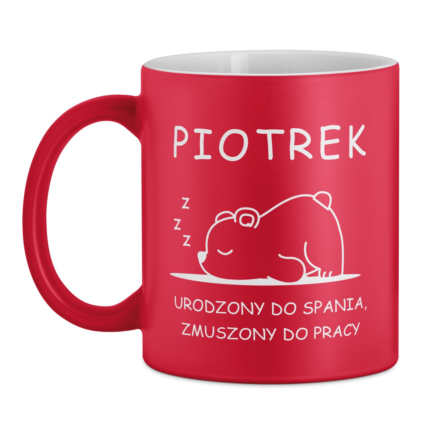 Kubek ceramiczny czerwony z białym środkiem z grawerem dla śpiocha pracownika na imieniny