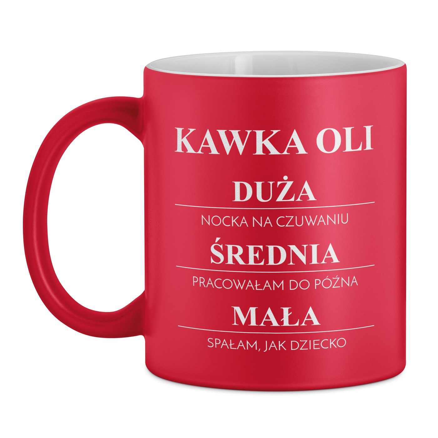 Kubek ceramiczny czerwony z białym środkiem z grawerem dla niej na imieniny