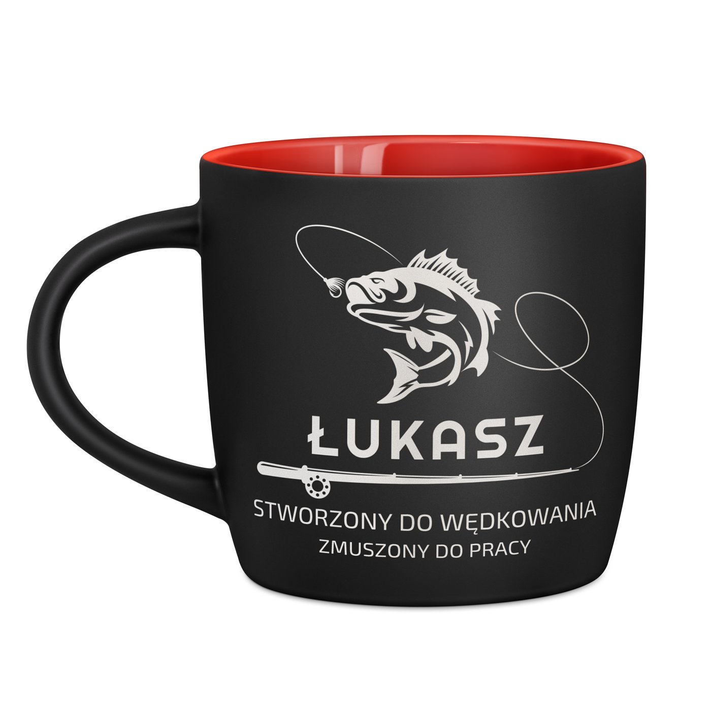 Kubek ceramiczny czarny środek czerwony z grawerem dla wędkarza na imieniny