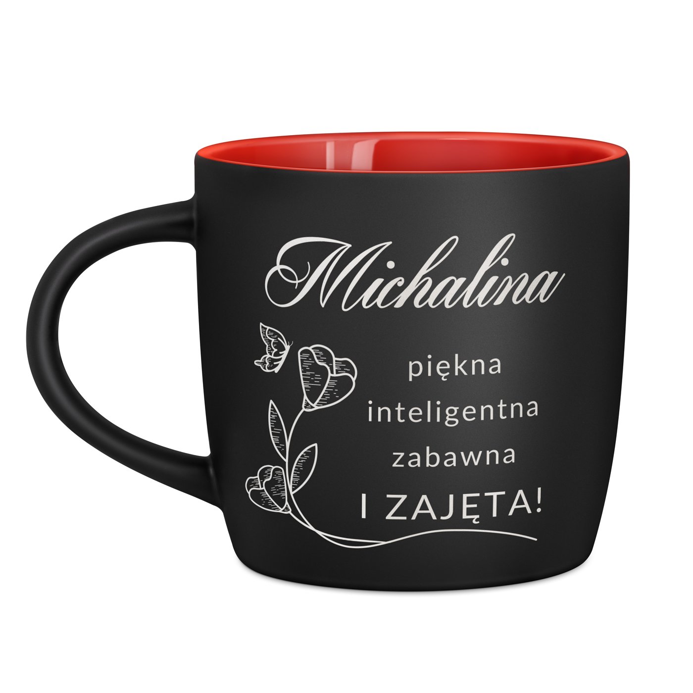 Kubek ceramiczny czarny środek czerwony z grawerem dla dziewczyny żony na imieniny