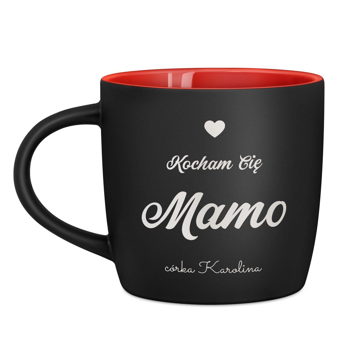 Kubek ceramiczny czarny środek czerwony z grawerem dla mamy
