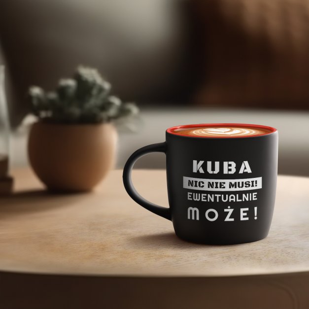 Kubek ceramiczny czarny środek czerwony z grawerem dla niego emeryta magistra inżyniera na imieniny