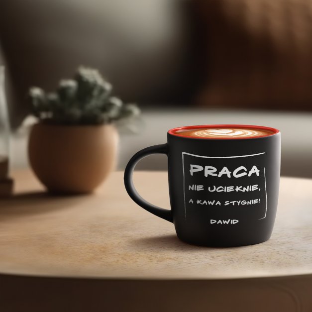 Kubek ceramiczny czarny środek czerwony z grawerem dla pracownika kawosza na imieniny awans w pracy