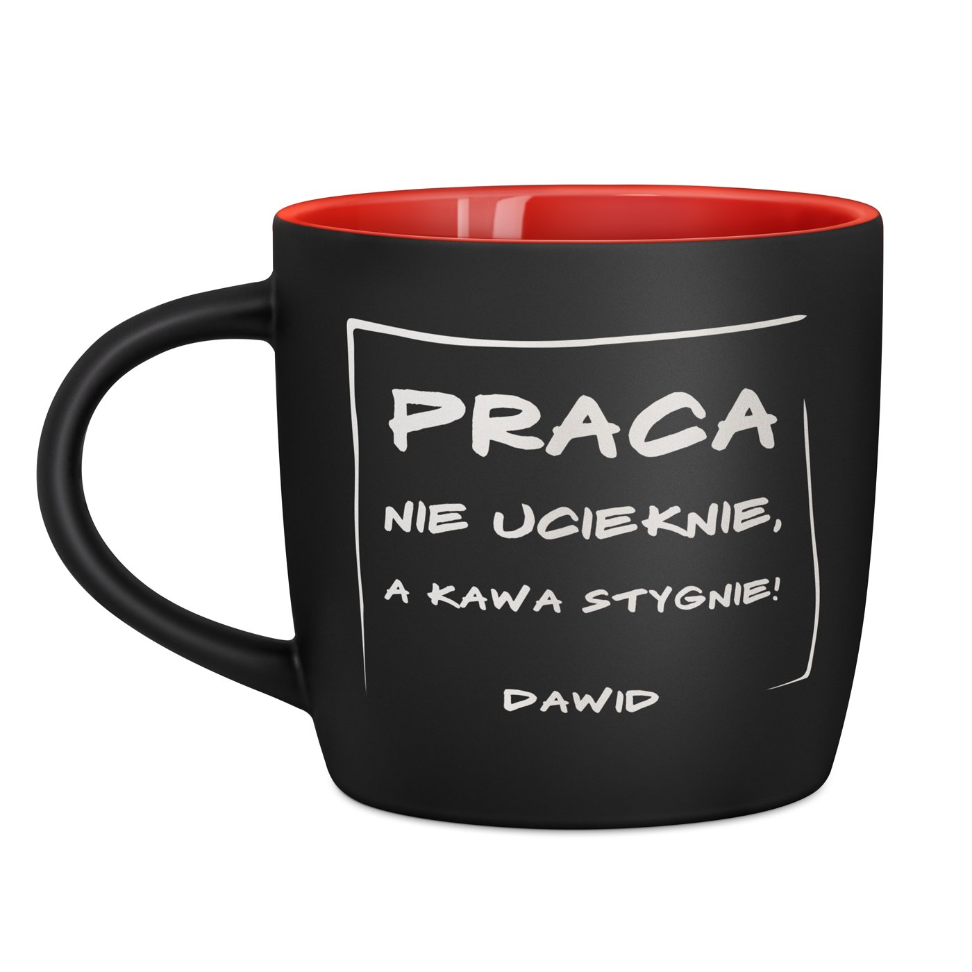 Kubek ceramiczny czarny środek czerwony z grawerem dla pracownika kawosza na imieniny awans w pracy